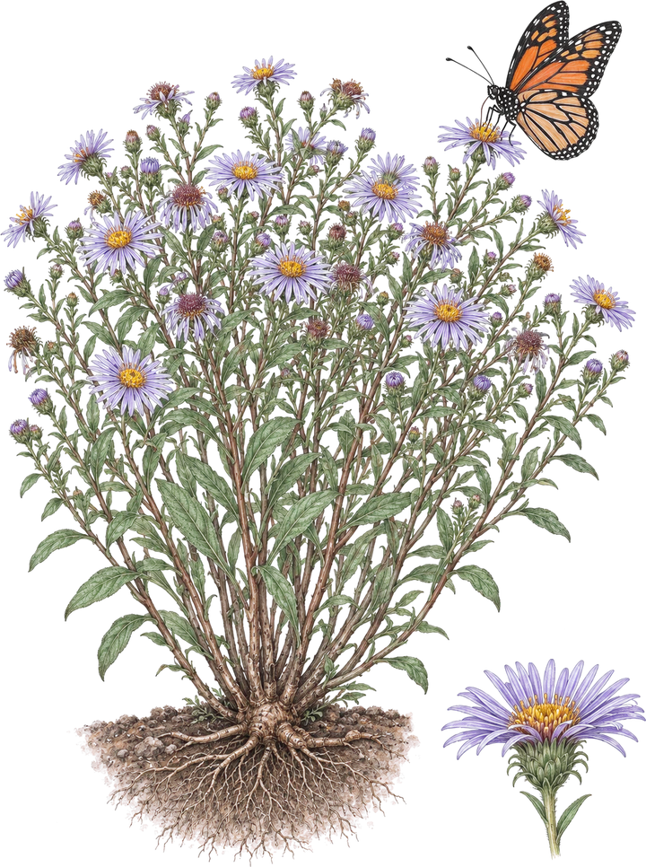 Watercolor plate of aromatic aster: a bushy, many-stemmed plant with small narrow leaves and violet daisies with yellow centers, its roots in soil, a close-up of one flower, and a monarch feeding.