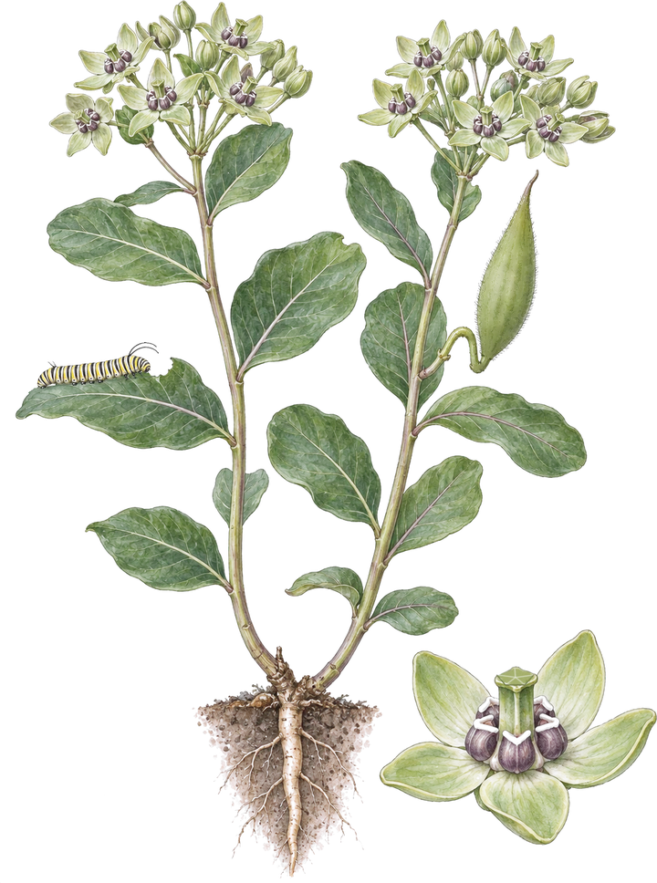 Watercolor plate of green milkweed: two upright stems with broad oval leaves, domed clusters of pale green flowers with purple centers, a smooth plump seed pod, a caterpillar on a chewed leaf, the taproot, and a close-up of one flower with five spreading green petals around purple hoods.