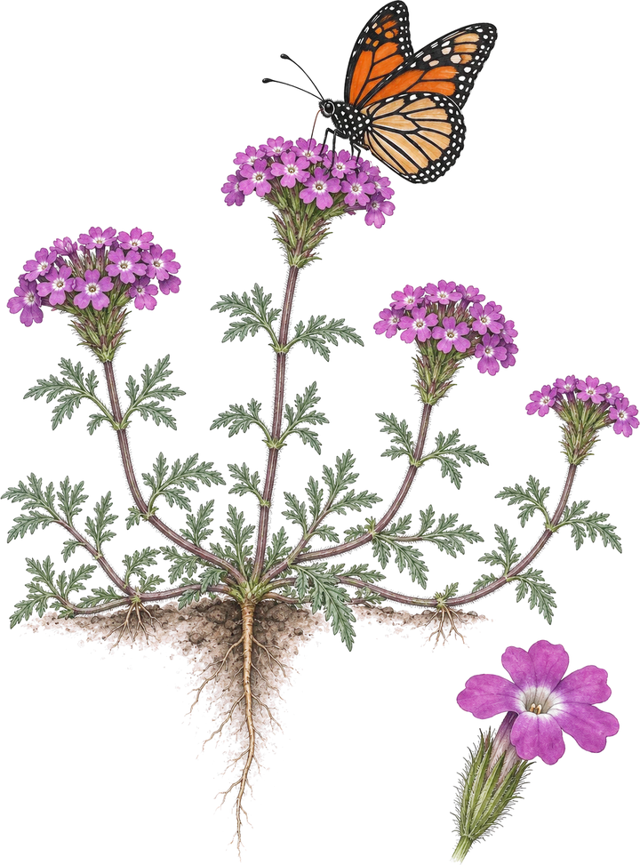 Watercolor plate of prairie verbena: low spreading stems with finely cut, lacy leaves, rounded heads of magenta-pink flowers, a taproot, a close-up of one five-lobed flower, and a monarch feeding on the top flower head.
