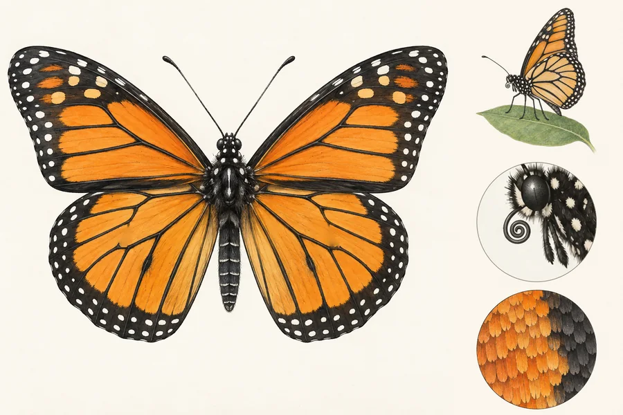 Watercolor plate of a male monarch butterfly.