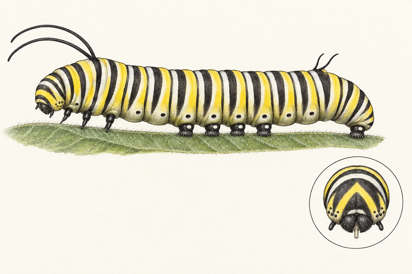 Watercolor side view of a full-grown monarch caterpillar on a hairy milkweed leaf: black, white and yellow bands, a long pair of black feelers behind the head and a short pair near the tail, three pointed true legs, four soft prolegs and a tail proleg on the side facing us, and a row of breathing holes along the side. A circle shows its face from the front, with six tiny eyes on each side, the jaws, a short spout below them and two stubby antennae.