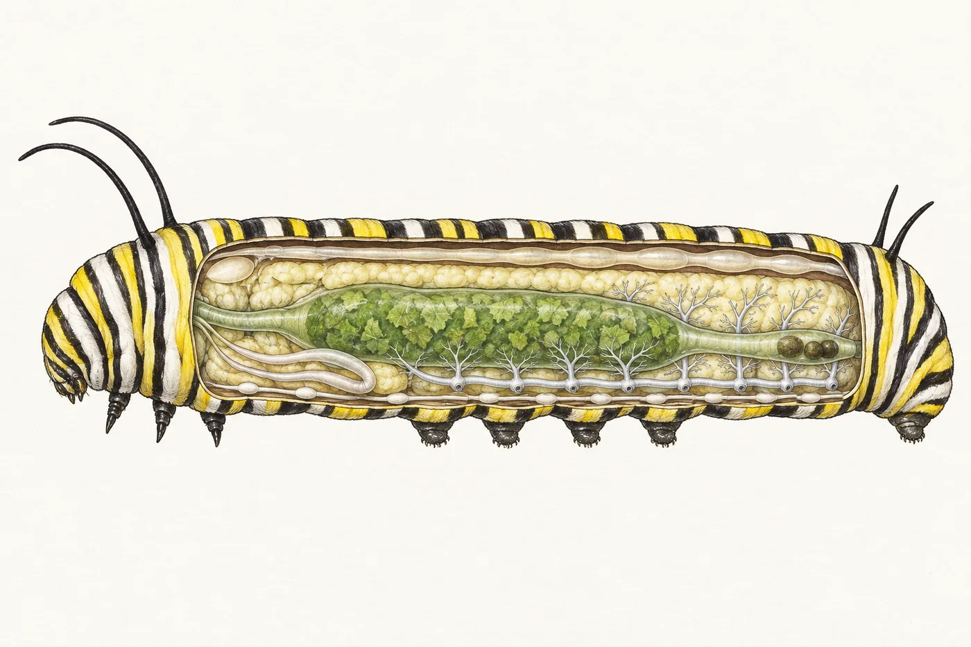 Watercolor cutaway of a monarch caterpillar opened along one side: a large leafy-green stomach filling the middle, a narrower food pipe in front of it and a hindgut behind it holding round droppings, a long pale heart tube along the back, a beaded nerve cord along the belly, one looping white silk gland, creamy fat tissue, silvery branching air tubes rising from the breathing holes, and one small pale wing bud near the front.