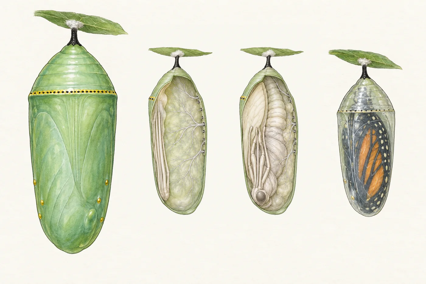 Watercolor of a jade-green monarch chrysalis hanging by a black stalk from a silk pad under a leaf, with a band of gold dots and the outlines of the folded wing, the leg and tongue cases and the eye bump. Beside it, the same chrysalis at three ages: cut open on its first days, full of soft pale tissue threaded with air tubes; cut open in the middle, with the new wing, legs, tongue, eye and body taking shape; and on the last day, whole, with the orange and black wings showing through a clear case.