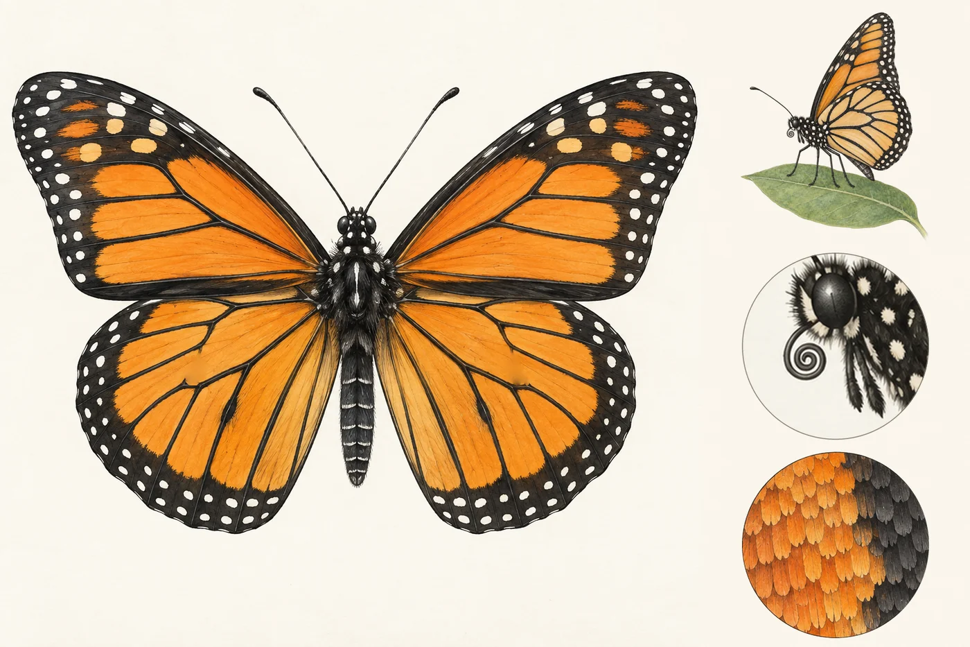 Watercolor of a male monarch butterfly with wings spread. Beside it, a monarch perched on a milkweed leaf standing on four legs, a circular close-up of its head with the coiled tongue and tiny tucked front legs, and a circular close-up of overlapping wing scales.