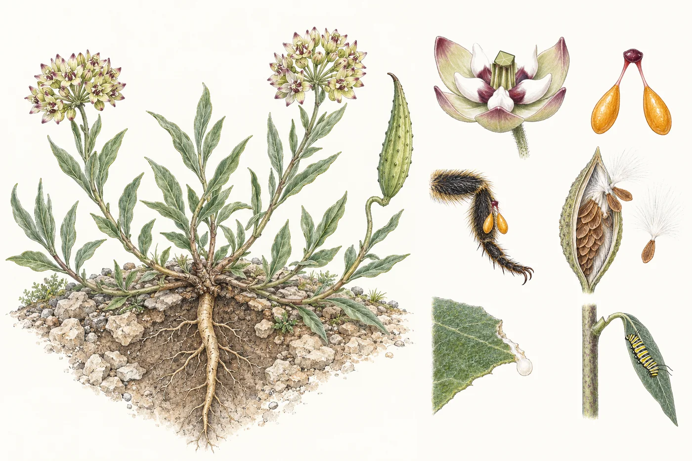 Watercolor of antelope horns milkweed: sprawling stems with narrow leaves from a woody crown, two round flower balls, a curved bumpy seed pod and a thick taproot in rocky soil. Beside it, close-ups of one flower with its petals cupped upward around white hoods and a central column; a dark clip holding two golden pollen bags; the same kind of clip caught on a bee's leg; an open pod packed with flat brown seeds and silky floss, and one loose seed with its parachute; a torn leaf dripping milky sap; and a leaf stalk with a notch bitten in it and a caterpillar on the leaf beyond.