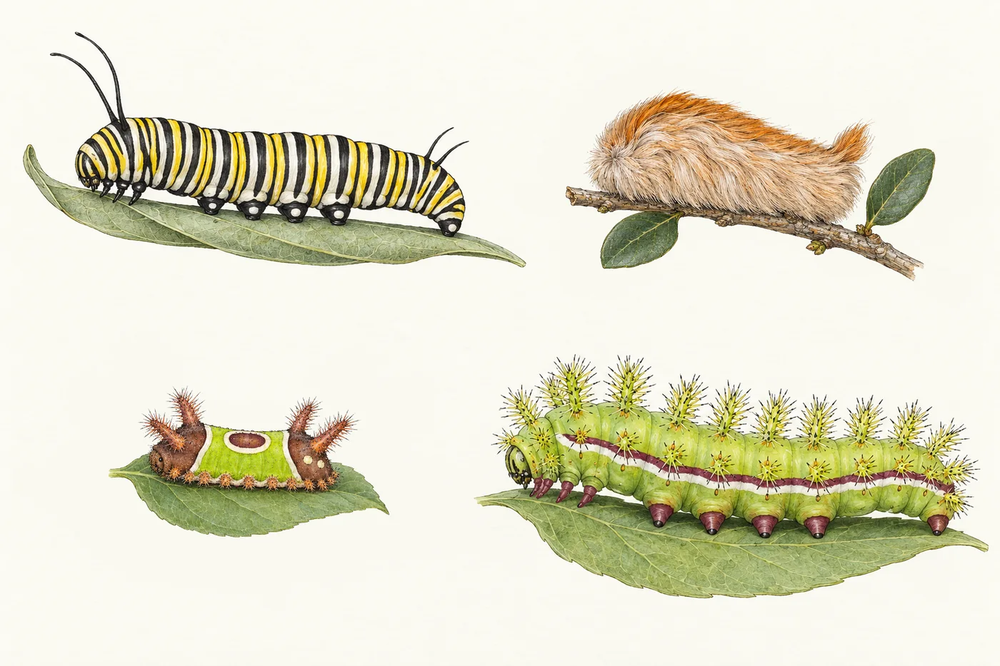 Watercolor of four caterpillars: a smooth monarch caterpillar with black, white and yellow bands on a milkweed leaf; a furry tan and orange asp, the southern flannel moth caterpillar, on a twig; a small saddleback caterpillar with a bright green saddle, a brown oval spot and spiny horns at both ends; and a large pale green io moth caterpillar with a maroon and white stripe along its side and clusters of branched spines.